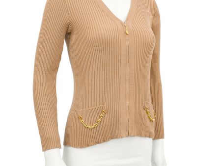 Tan Zip Front Ribbed Cardigan With Gold Chain Details Cheap