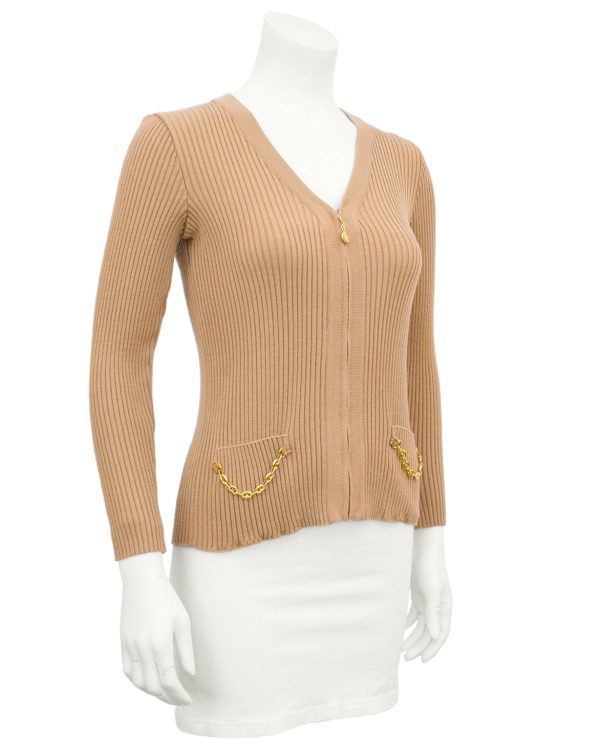 Tan Zip Front Ribbed Cardigan With Gold Chain Details Cheap