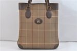 Authentic Burberrys Check Shoulder Tote Bag Canvas Leather Khaki Brown 9653C on Sale