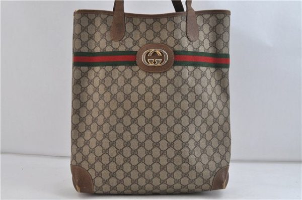 Authentic GUCCI Web Sherry Line Shoulder Tote Bag PVC Leather Brown 9708C Fashion