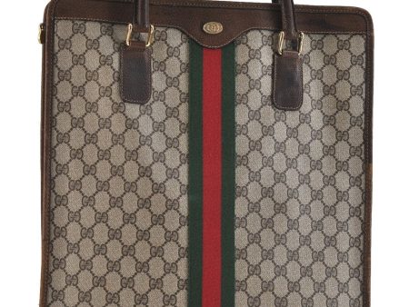 Authentic GUCCI Web Sherry Line Shoulder Tote Bag GG PVC Leather Brown 1558D on Sale