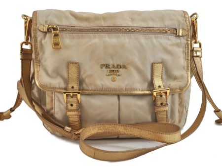 Authentic PRADA Nylon Leather Shoulder Cross Body Bag Purse Ivory Gold 9728C Cheap