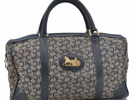 Auth CELINE C Macadam Pattern Hand Boston Bag Canvas Leather Navy Blue G1666 Online now