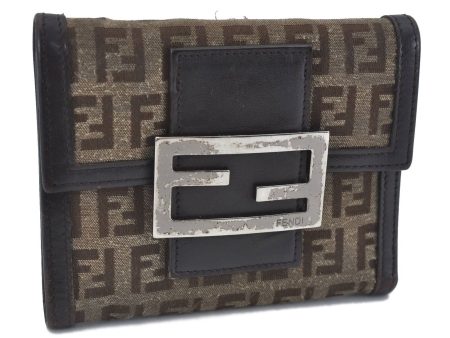 Authentic FENDI Zucchino Bifold Wallet Purse Canvas Leather Brown H5331 Online Sale