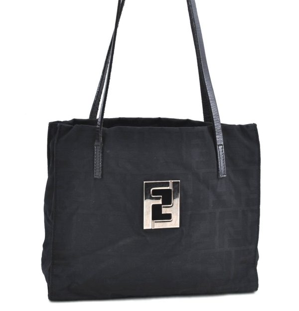 Authentic FENDI Zucca Shoulder Tote Bag Nylon Leather Black H9558 on Sale