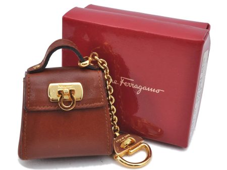 Authentic Ferragamo Gancini Bag Charm Leather Brown Box G1161 Hot on Sale