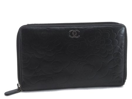 Authentic CHANEL Camellia Calf Skin Round Zip Long Wallet Purse Black 1281D Supply