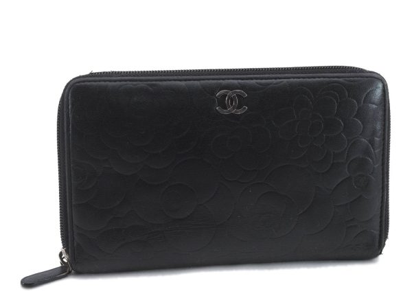 Authentic CHANEL Camellia Calf Skin Round Zip Long Wallet Purse Black 1281D Supply