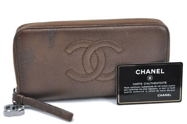 Authentic CHANEL Calf Skin CC Logo Long Wallet Brown G3426 For Discount