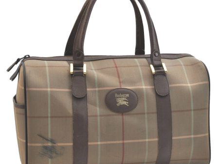 Auth Burberrys Vintage Check Boston Hand Bag Canvas Leather Khaki Brown H4171 Hot on Sale