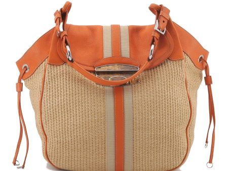 Authentic PRADA Raffia Leather Shoulder Tote Bag Orange 1529D For Sale