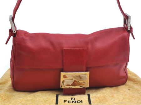 Authentic FENDI Mamma Baguette Shoulder Bag Leather Red G3419 Online Hot Sale