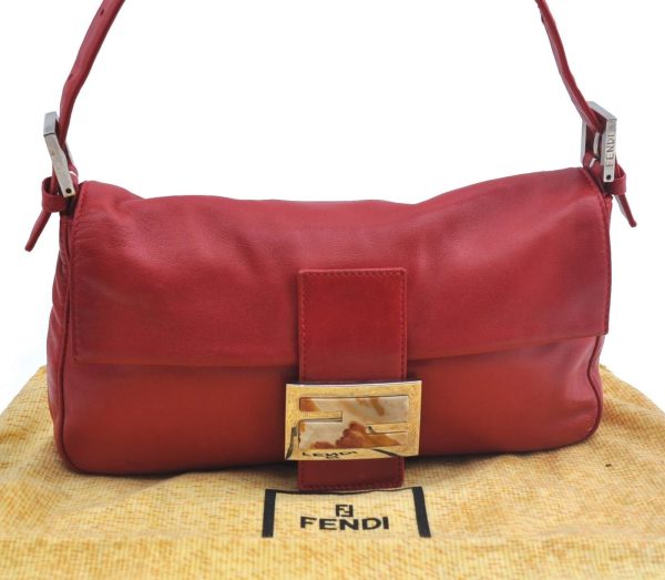 Authentic FENDI Mamma Baguette Shoulder Bag Leather Red G3419 Online Hot Sale