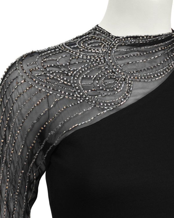 Black Gown with Illusion Beaded Sleeve For Cheap