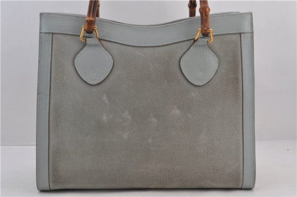 Authentic GUCCI Bamboo Tote Hand Bag Suede Leather Light Blue Junk 1969D For Sale