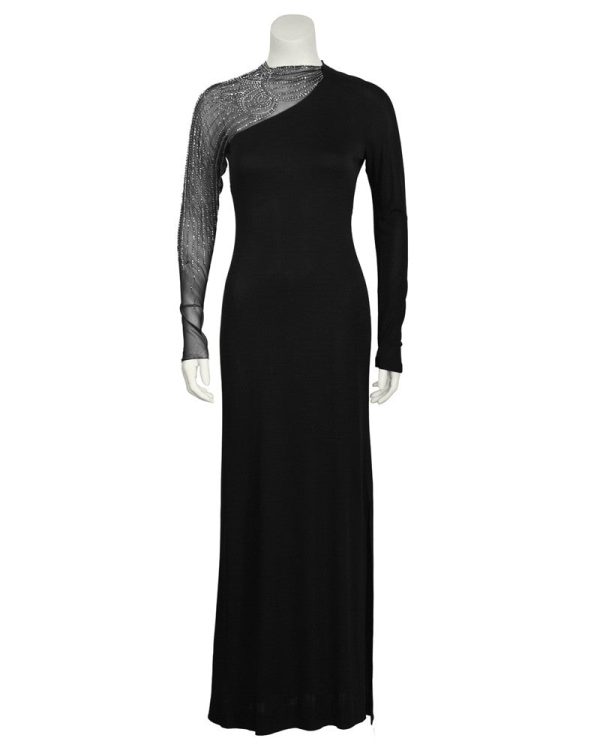 Black Gown with Illusion Beaded Sleeve For Cheap