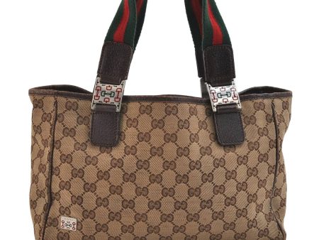 Authentic GUCCI Web Sherry Line Tote Bag GG Canvas Leather 145810 Brown 0919D Fashion