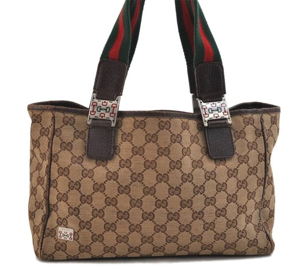 Authentic GUCCI Web Sherry Line Tote Bag GG Canvas Leather 145810 Brown 0919D Fashion