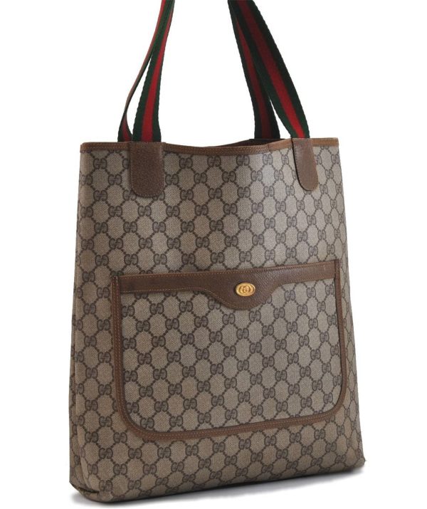 Authentic GUCCI Web Sherry Line Shoulder Tote Bag GG PVC Leather Brown 2348D Supply