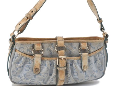 Auth CELINE C Blason Pattern Shoulder Hand Bag Canvas Leather Light Blue H4083 For Discount