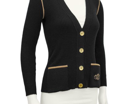 Black Wool Ribbed Cardigan With Tan Accents For Cheap