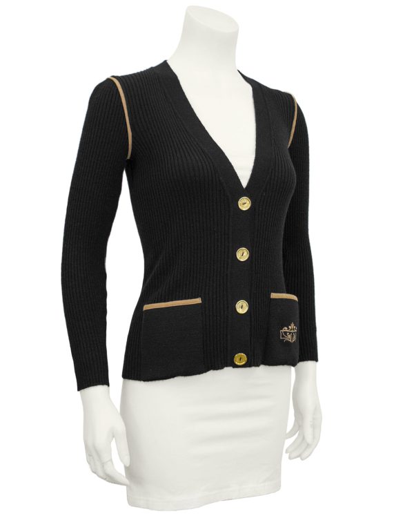 Black Wool Ribbed Cardigan With Tan Accents For Cheap