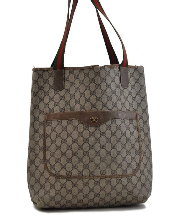 Authentic GUCCI Web Sherry Line Shoulder Tote Bag GG PVC Leather Brown 2110D Online