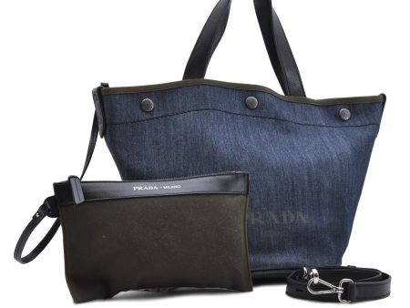 Authentic PRADA Denim Canvas 2Way Shoulder Tote Bag Blue 8546B Online Hot Sale