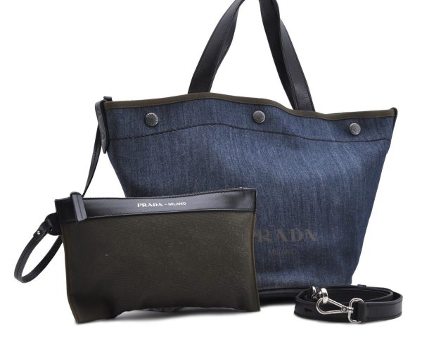 Authentic PRADA Denim Canvas 2Way Shoulder Tote Bag Blue 8546B Online Hot Sale