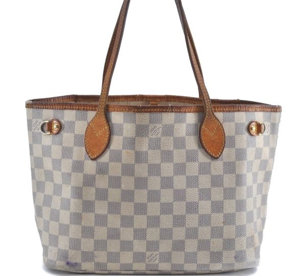 Authentic Louis Vuitton Damier Azur Neverfull PM Tote Bag N51110 LV G2571 For Sale