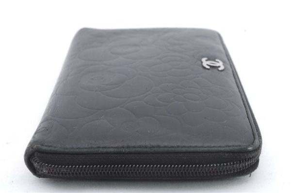 Authentic CHANEL Camellia Calf Skin Round Zip Long Wallet Purse Black 1281D Supply