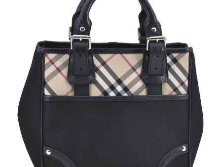 Authentic BURBERRY Vintage Nova Check Nylon Leather Tote Hand Bag Black H9074 For Sale