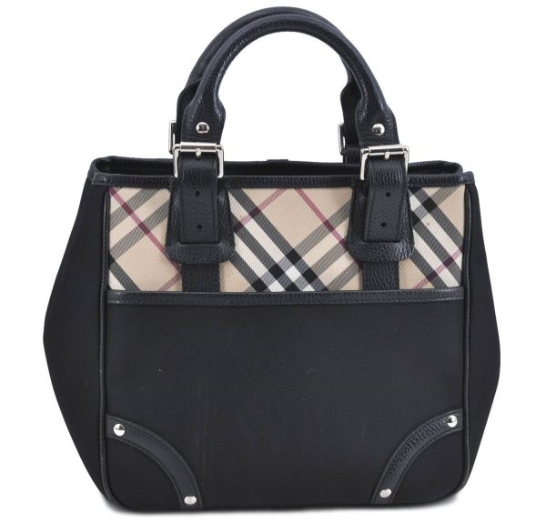 Authentic BURBERRY Vintage Nova Check Nylon Leather Tote Hand Bag Black H9074 For Sale