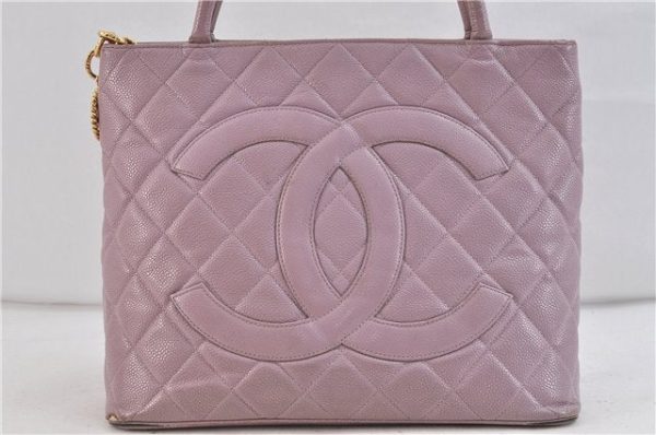 Auth CHANEL Caviar Skin Medallion CoCo Mark Shoulder Tote Bag Light Purple 2116D For Discount