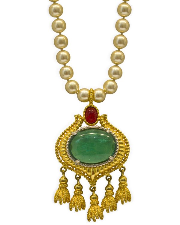 Faux Pearl and Cabochon Emerald Necklace Sale