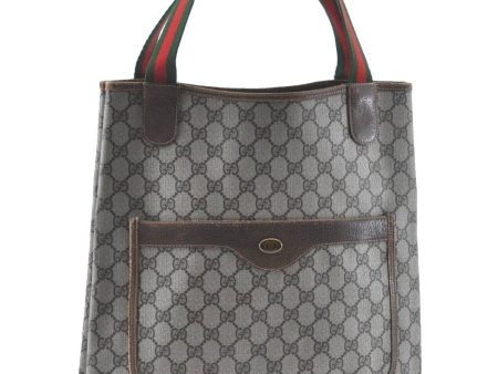 Authentic GUCCI Web Sherry Line Shoulder Tote Bag GG PVC Leather Brown H9369 Online Sale