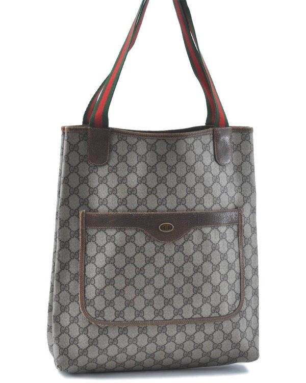 Authentic GUCCI Web Sherry Line Shoulder Tote Bag GG PVC Leather Brown H9369 Online Sale