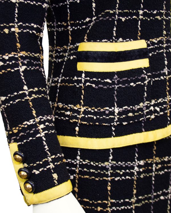 Black Wool Knit Plaid Skirt Suit with Yellow Trim on Sale