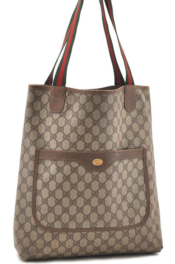 Authentic GUCCI Web Sherry Line Shoulder Tote Bag GG PVC Leather Brown 2015D Supply