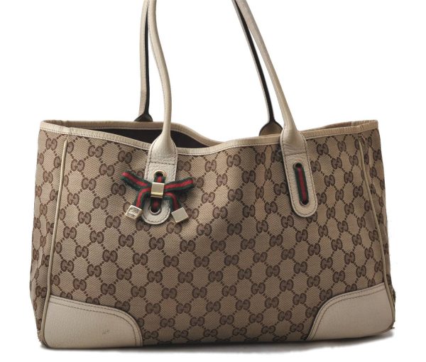 Authentic GUCCI Sherry Line Princy Ribbon Tote Bag GG Canvas 163805 Brown 2442D Fashion