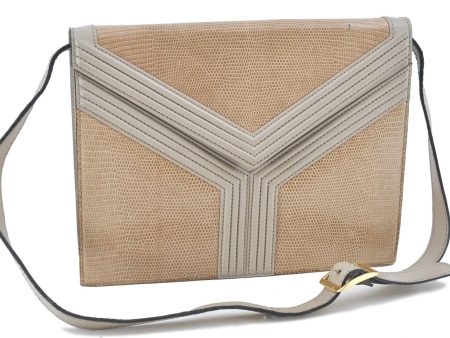 YVES SAINT LAURENT Crocodile Motif Shoulder Cross Bag PVC Leather Beige H5855 Fashion