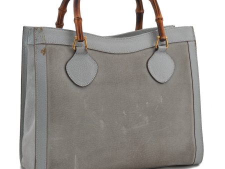 Authentic GUCCI Bamboo Tote Hand Bag Suede Leather Light Blue Junk 1969D For Sale