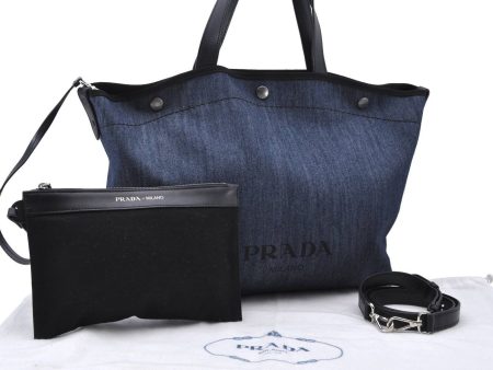 Authentic PRADA Denim Leather Shoulder Tote Bag Blue 7345B Fashion