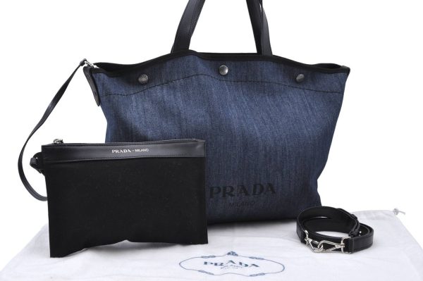 Authentic PRADA Denim Leather Shoulder Tote Bag Blue 7345B Fashion