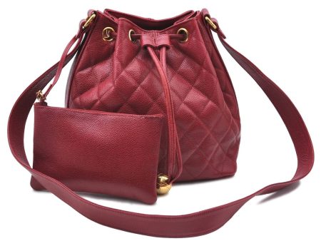 Authentic CHANEL Matelasse Caviar Skin CC Logo Shoulder Cross Body Bag Red H4749 on Sale