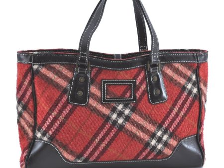 Authentic BURBERRY BLUE LABEL Check Hand Tote Bag Wool Leather Red H9499 Supply