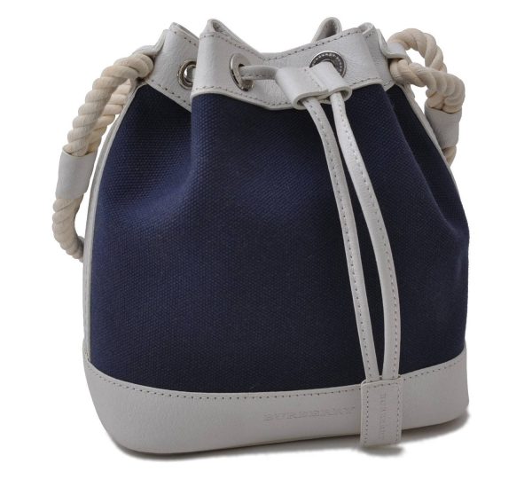 Auth BURBERRY Vintage Canvas Leather Shoulder Drawstring Bag Blue White 2163D Sale