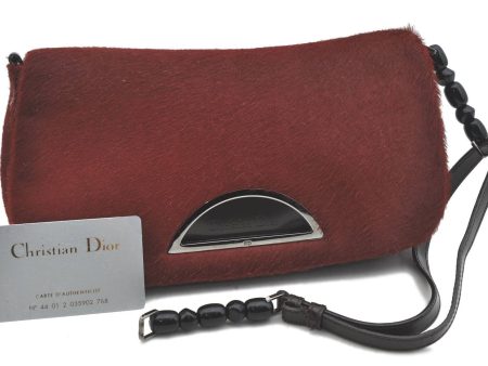 Auth Christian Dior Maris Pearl Shoulder Bag Unborn Calf Leather Red Junk H4925 Sale