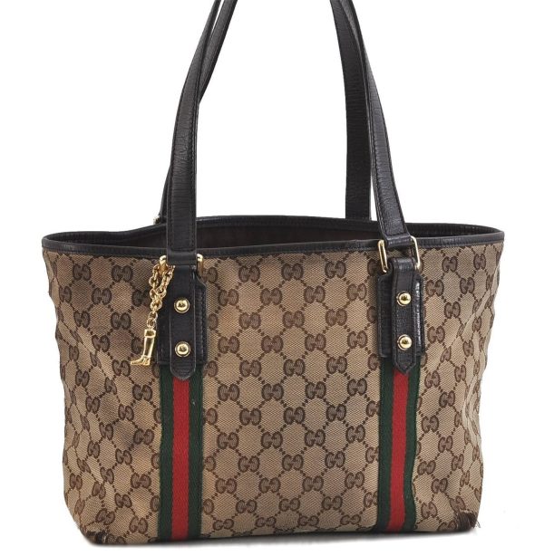 Auth GUCCI Web Sherry Line Shoulder Tote Bag Canvas Leather 137396 Brown 0266D For Cheap