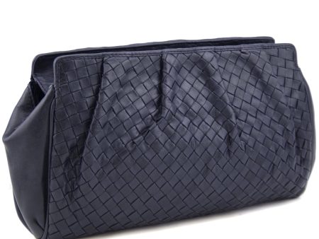 Navy Blue Intrecciato Leather Clutch Online Sale